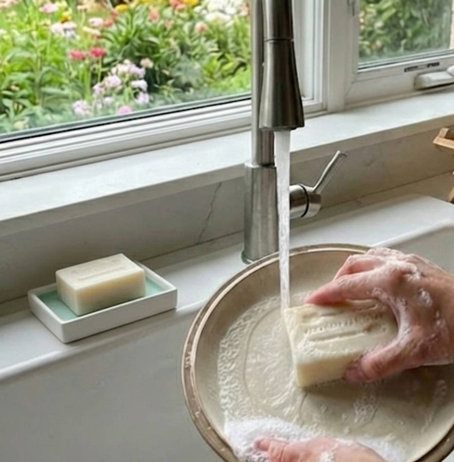 Person washing a bar of soap in a sink with a window in the background