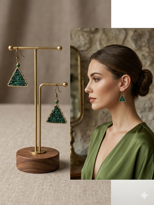 Green triangle earrings on a gold stand with a woman wearing them.