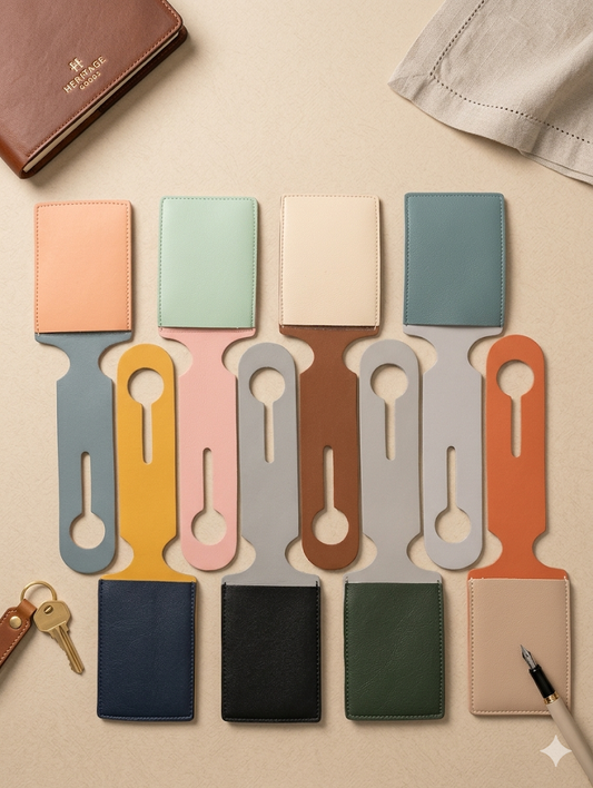 Set of colorful leather card holders on a beige surface with a pen and keys.